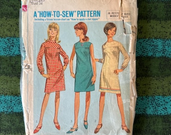 1967 Simplicity 7177 Shift Dress 2 Sleeve Lengths Size 14 cut~ 1960s mini shift dress, summer dress
