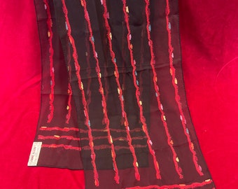 Vintage 1960's Anne Klein for New Perspectives Black Silk Sheer Oblong Scarf with Red Stripes 10 1/2" x 55"~ vintage Anne Klein sheer scarf