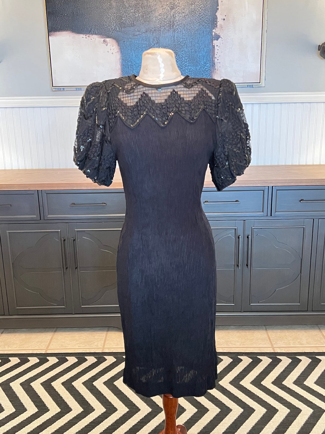 Vintage 1980's Leslie Fay Petites Black Pouf Sleeve Evening Dress With ...