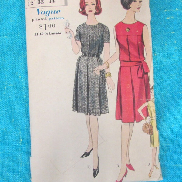 1960s Vogue Sewing Pattern 5265 Misses One Piece Dress w Wide Box Pleat & oval Neckline, Size 12- Bust 32; CUT, 1961 dress pattern, designer