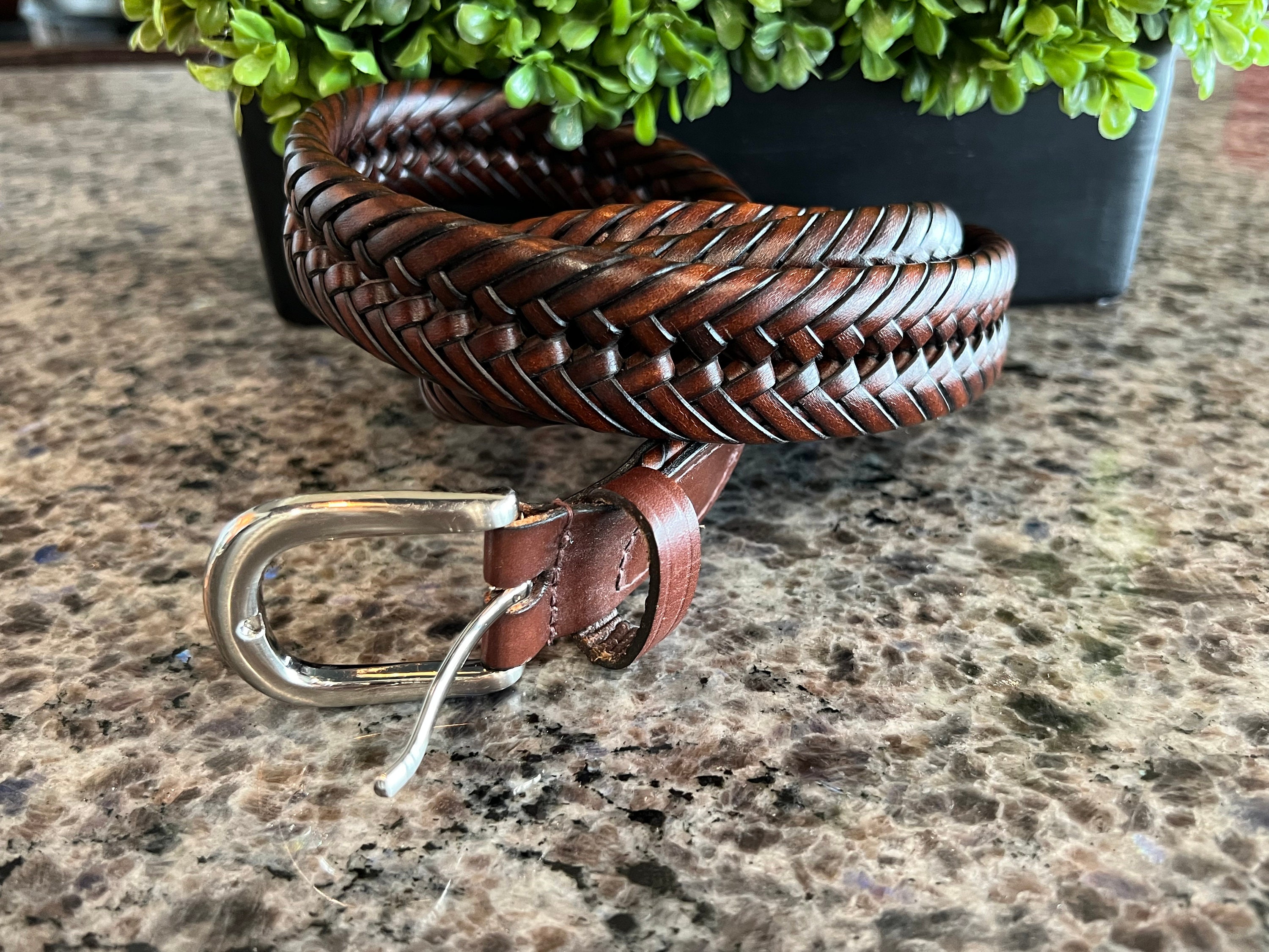Vintage Men's Brown Leather Braided Belt With Silver 