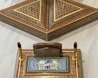 Khatam Marquetry Diamond Caddy Box & Pen/Card Holder - Persian Desk Organizer