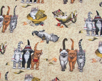 Vintage Jo-Ann Fabrics Creamy Yellow with Orange and Gray Cats Whimsical Cotton Fabric, 44”W X 37" - yellow cat fabric, quilting cat fabric