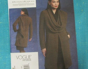 2000s Vogue Sewing Pattern 1129 DONNA KARAN Misses Fitted Jacket w Loose Drape & Pockets, Size 6-12, cut - to 12; designer jacket, fall coat