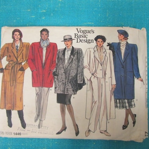 1980s Vogue Sewing Pattern 1446 Misses Loose Fitting Overcoat Coat in 2 Lengths with Collar & Patch Pockets, Size 8-12; Uncut, coat pattern