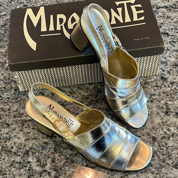 Vintage Miramonte Two Tone Silver & Gold Slingback Sandals and Original Box Size 7.5 N- gold retro shoes, Miramonte shoes