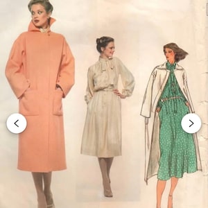 May include: Vintage Vogue Paris Original sewing pattern featuring Christian Dior designs. The image showcases three fashion illustrations: a long peach coat, a beige dress, and a green polka dot dress with a white coat. The pattern numbers are 1837 and 7607.