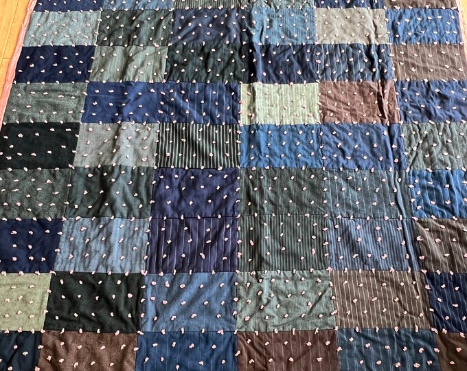 Antique WOOL Pinstripe Patchwork Quilt Coverlet, Bedspread 66 X 88 With