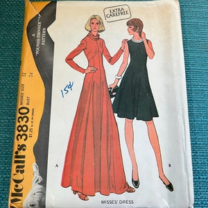 1973 Mccalls Sewing Pattern 3830 Misses Princess Seamed Long or Short Dress Empire Waist Size 12 Uncut -dress pattern, princess seam dress
