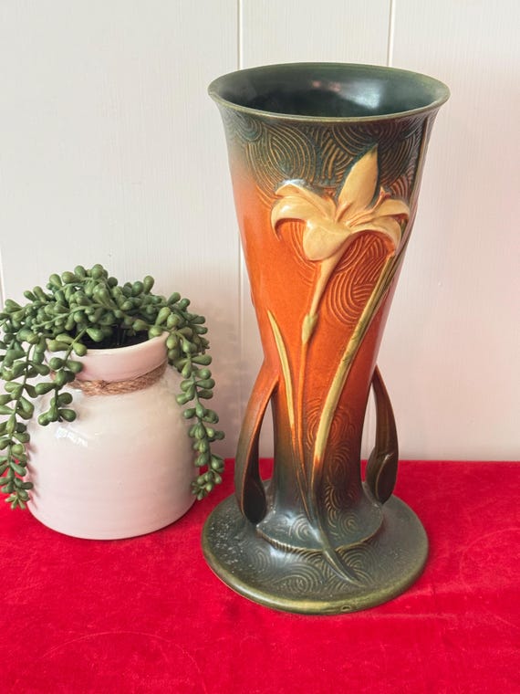 1940's Roseville Brown Two Handled Tall Vase Zephyr Lily 139-12 12