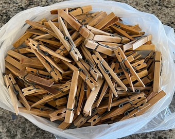 Vintage Lot of 50 Wood Clothespins - vintage laundry room, clothespin bag, wood clothespins
