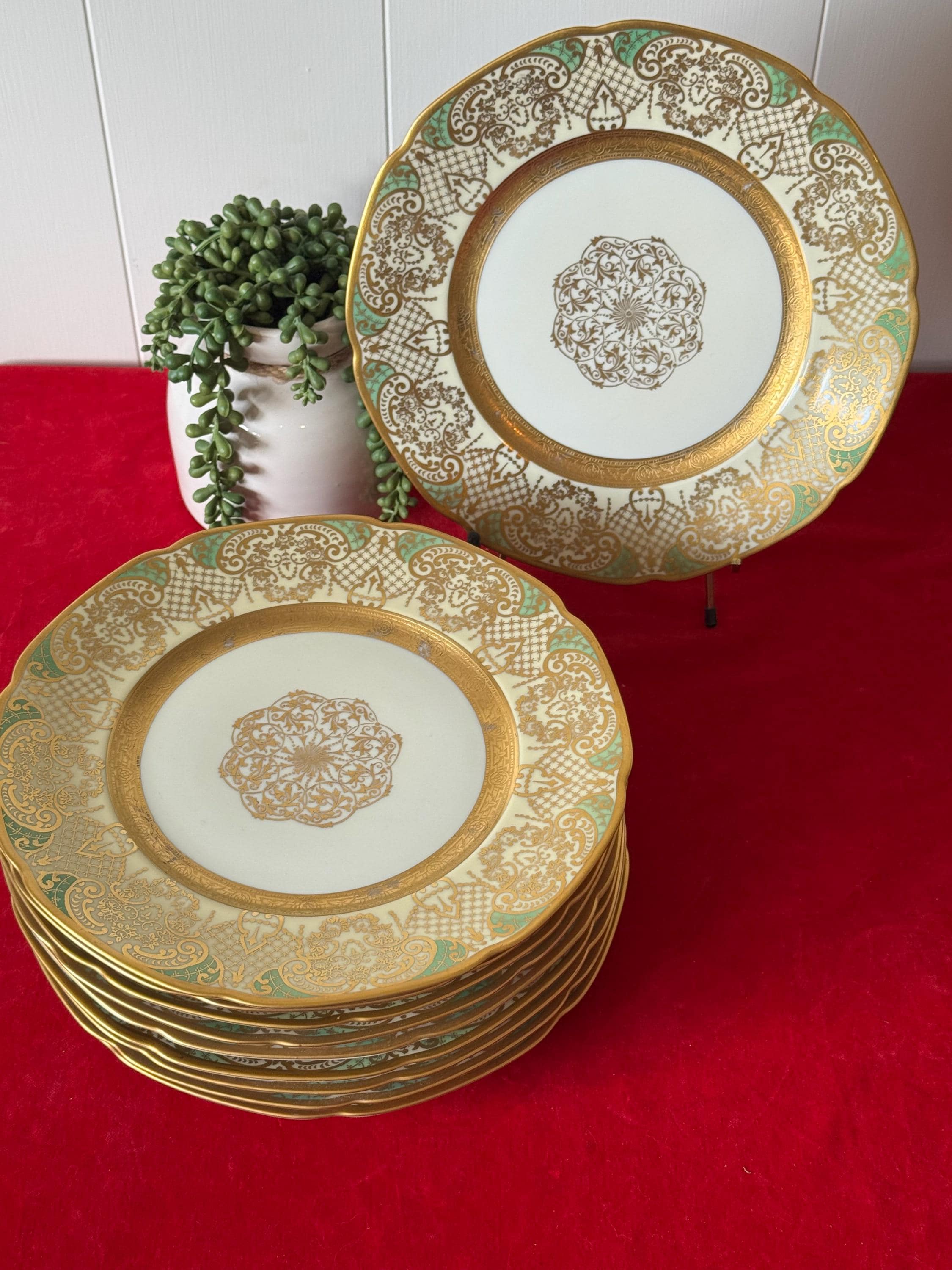 Antique Set of 10 Gold Encrusted Formal Dinner Plates With Green