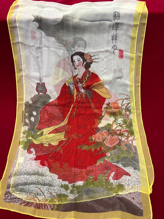 RARE Vintage Semi-Sheer Geisha Girl Asian Scarf S… - image 1