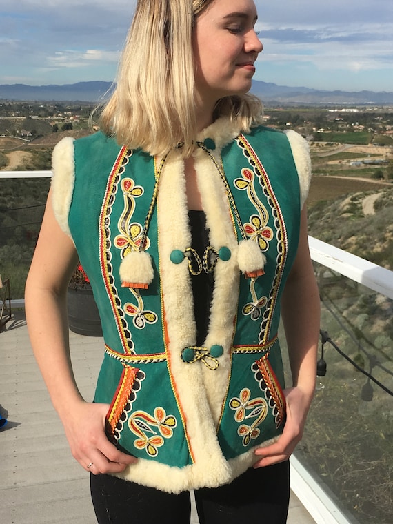 RARE Folk Costume Green Suede Embroidered Vest wit