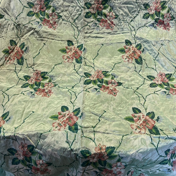 RARE 1940's Mint Green Quilted Satin or Acetate Floral Bedspread Hollywood Regency with 14" Drop- mint green bedspread, Hollywood Regency