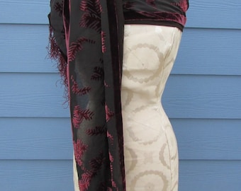 Vintage BELLA TERRA Oblong Burgundy/Plum & Black Burn Out Velvet Silk and Rayon Scarf w Fringe, 66" X 10" - head scarf, silk scarf