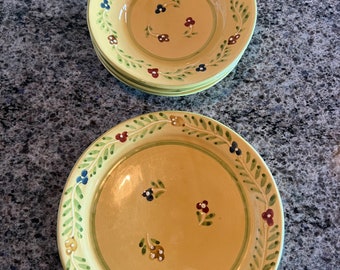 Ceramiche Virginia handmade and hand painted yellow Floral  Italian dinner plates & 3 large soup bowls Campagna Toscana Italy- Italian