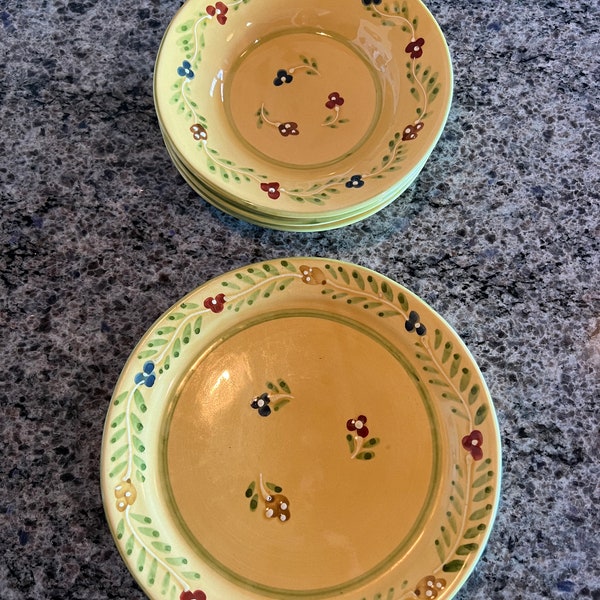 Ceramiche Virginia handmade and hand painted yellow Floral  Italian dinner plates & 3 large soup bowls Campagna Toscana Italy- Italian