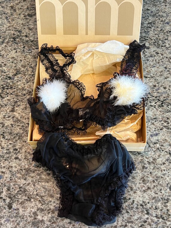 RARE 1960’s Black Sheer Panties & Bra with White Fur … - Gem
