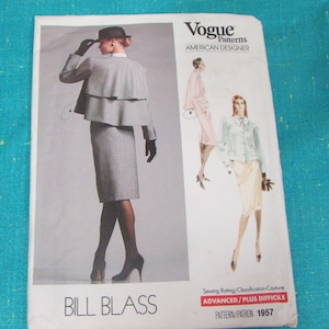 1987 Vogue Sewing Pattern 1957 BILL BLASS Loose Fitting Ruffle Back Jacket & Straight Skirt Size 12 Uncut 1980s designer skirt and jacket