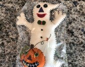 Vintage Handmade Stuffed Felt Ghost with Jack O 39 Lantern Ornament with Black Stitching Hem 7 quot Tall- Halloween ornament, felt ghost ornament
