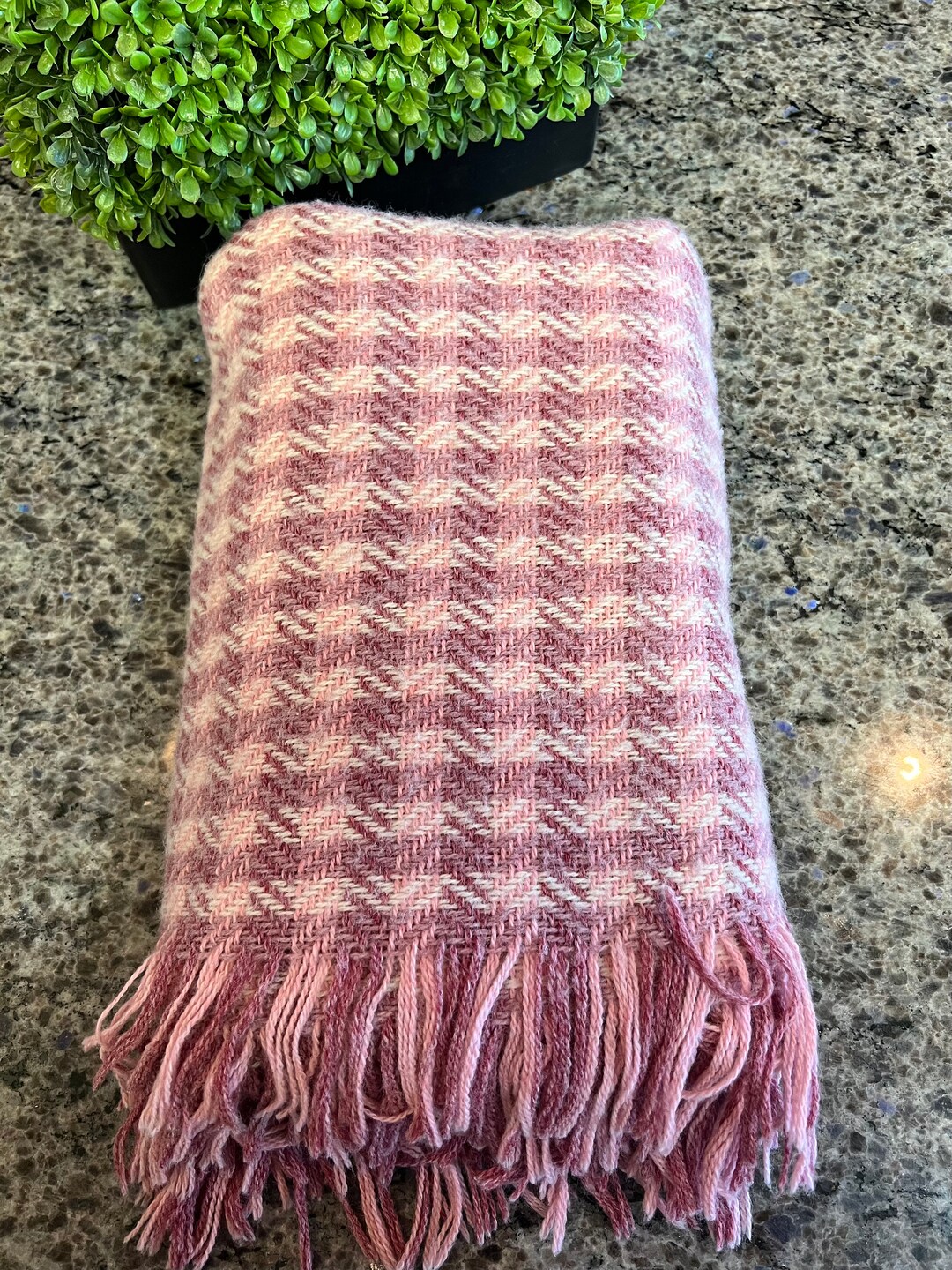 Vintage Faribou Pink Herringbone Wool Blend Blanket Throw W/ Fringe 48
