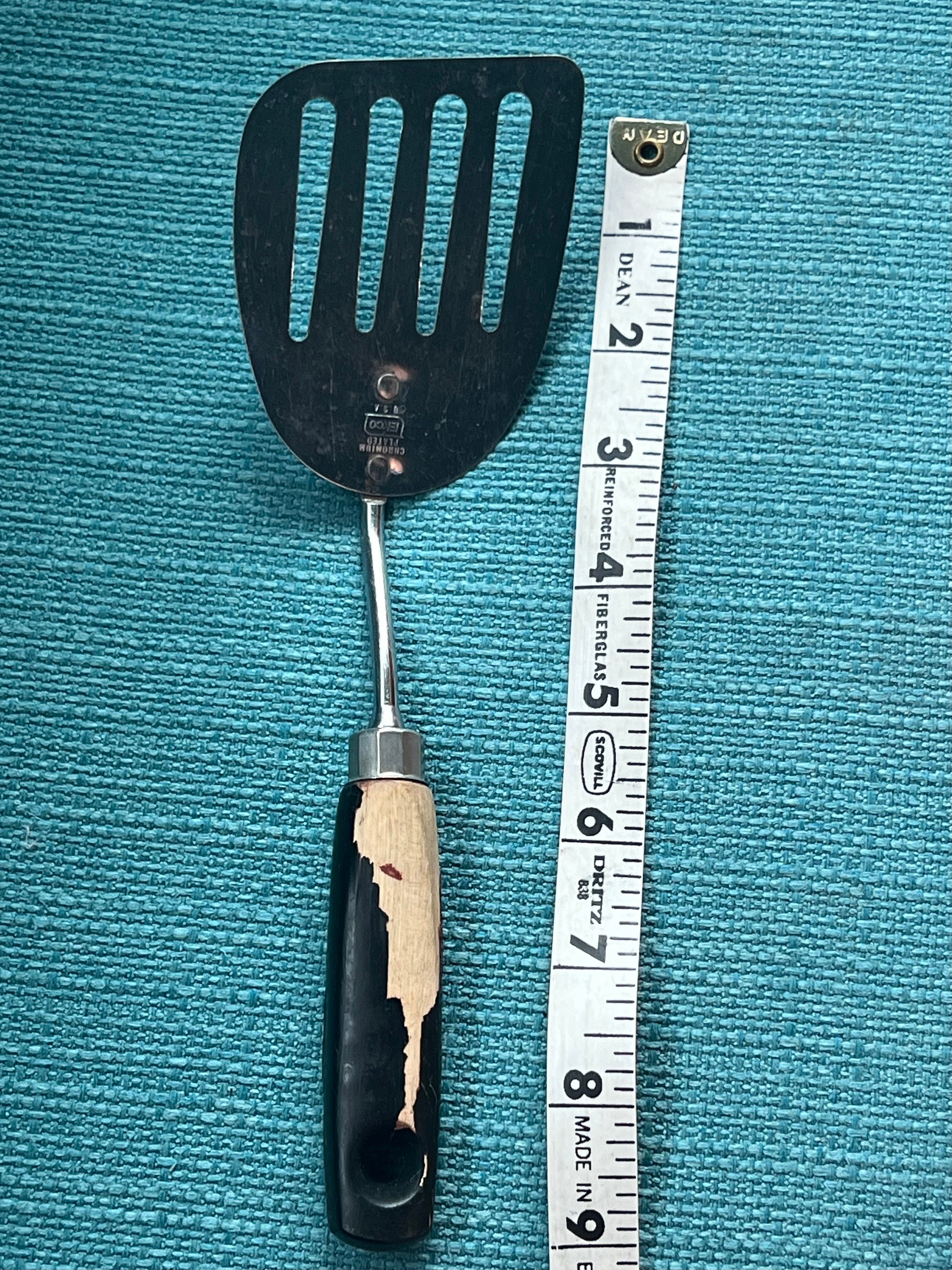 Vintage RARE EKCO Chromium Plated Short Angled Slotted Spatula With Black  Chippy Wood Handle 9 Ekco Short Slotted Spatula 