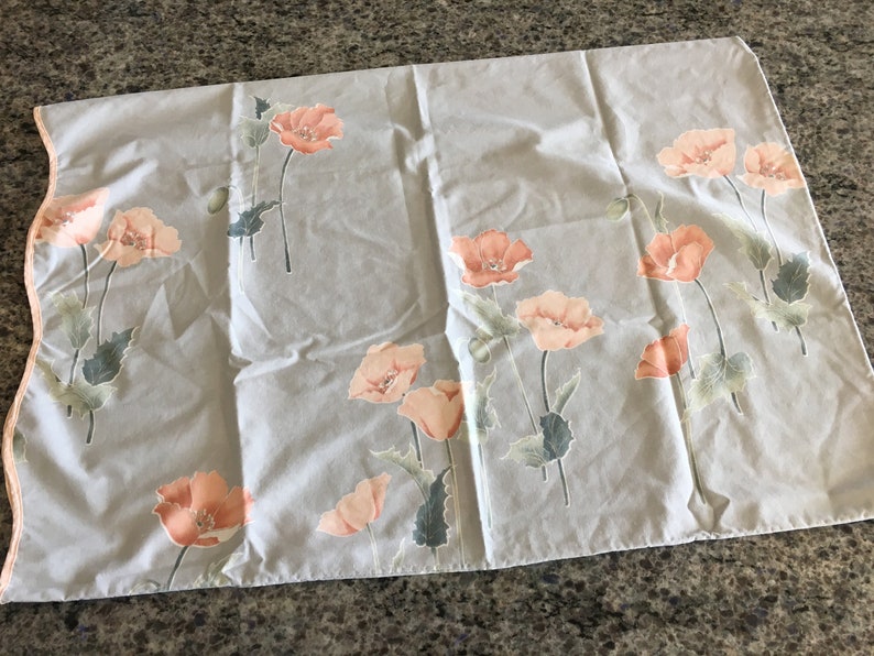 Vintage Springmaid Blue with Pink Poppies Standard Size Pillowcase with Scalloped Edge floral standard pillowcase Springmaid pillowcase
