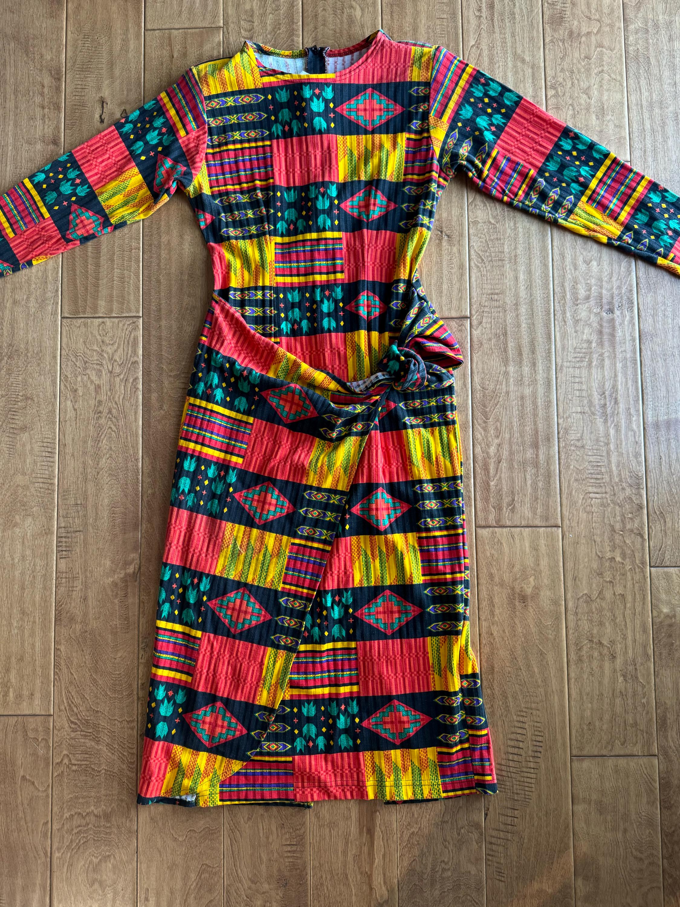 Vintage 80’s California Gold Rush Bold Geometric Cotton Knit Sheath Dress with Gathered Hip Scarf Size S