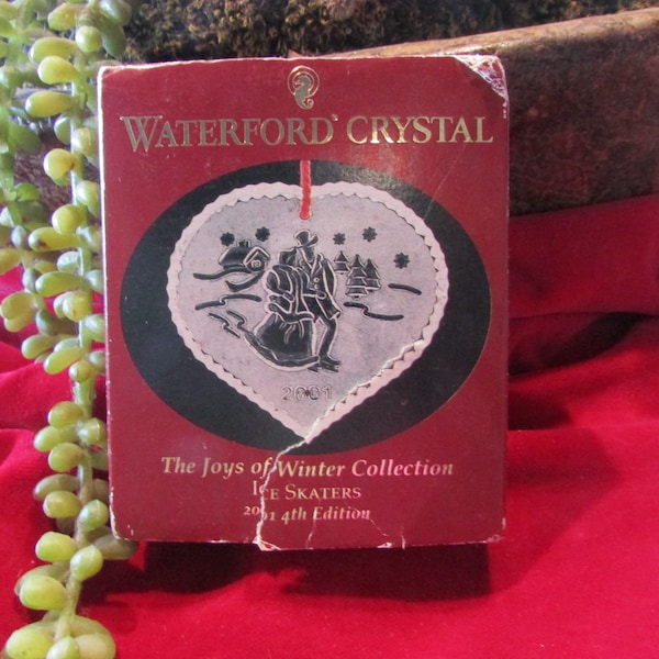 Rare Vintage NIB WATERFORD Lead Crystal 2001 Heart Christmas Ornament; The Joys of Winter Collection, featuring skating couple