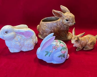 Curated Collection of Ceramic Bunny Rabbits Bunnies Easter Bunnies~ Brown mottled planter vase, small brown bunny, white rabbit & blue