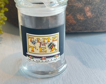 Mary Engelbreit “Time for Tea” Glass Tea Canister Jar 5” tall- tea canister, Mary Engelbreit, ME time for tea