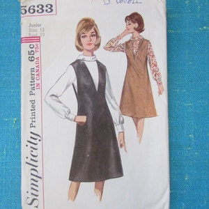 1964 Simplicity Sewing Pattern 5633 Misses/Junior Deep V Neck A Line Jumper & Mock Turtleneck Blouse Size 13 cut 1960s junior jumper and top