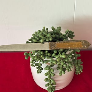 Vintage R.M. Burton Shiny Silver and Brass Letter Opener with Pocket Knife, 9 1/2" X 7/8"; silver letter opener, office supply pocket knife