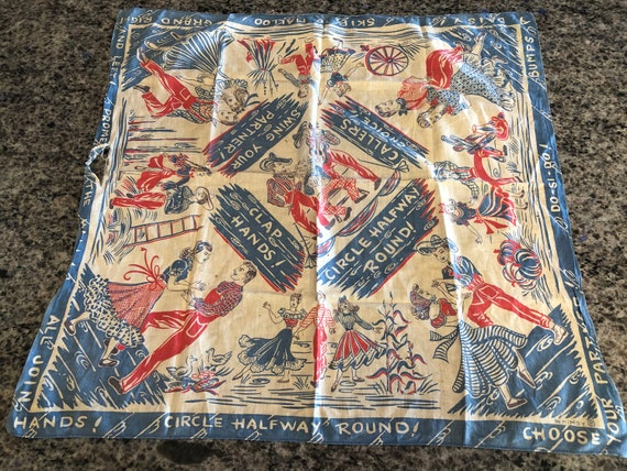 Antique Vintage Blue and Red Square Dance Bandana