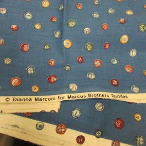 Vintage Button Motif Blue Cotton Fabric 45&quot; W X BTY Dianna Marcum for Marcus Brothers Int&#39;l Textiles -sewing fabric, blue cotton fabric