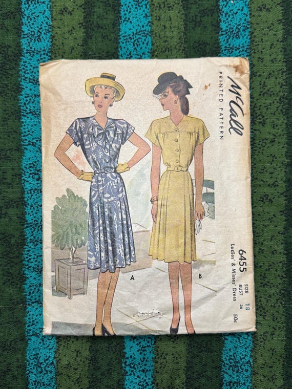 ladies dress size 18 1946 Mccalls 6455 Shirtwaist Tailored Bow Neck Cut-rare 1940s Womens Dress Pattern fabric:SATIN