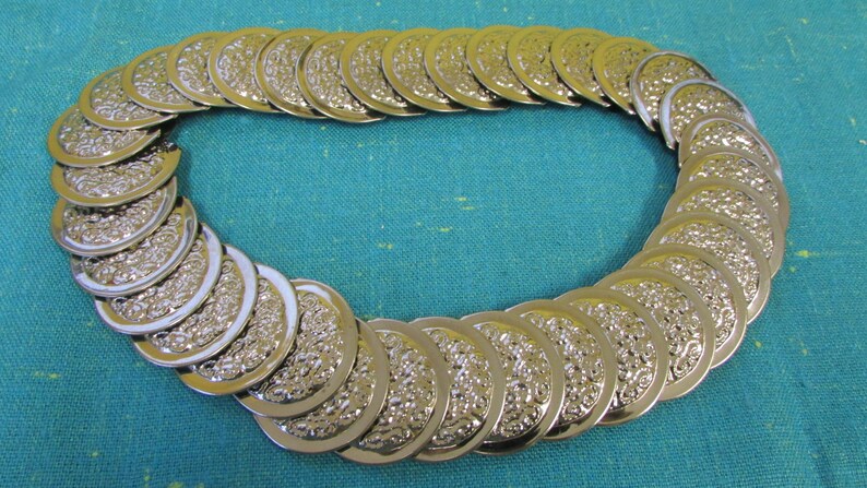 Vintage Silver Tone Metal Medallions Elastic Backing Belt silver tone belt 1980s belt elastic belt