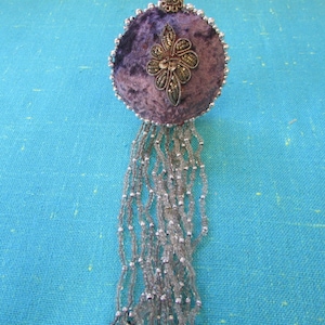 Vintage Lavender Sequined Puffy Star Velvet and Silver Beaded Christmas Ornament 8 1/2”T; beaded purple ornament