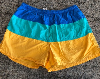1980/90's Mens Lands' End Color Block Striped Nylon Short Swim Trunks Shorts Size L -80's mens swim trunks, mens short shorts, Lands' End