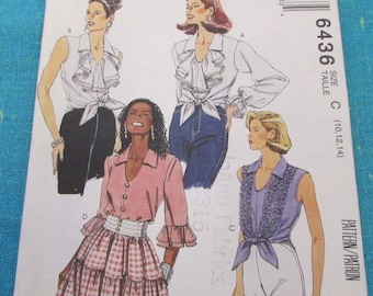 1993 McCalls Sewing Pattern 6436 Misses Pullover Choice of Tops, Ruffle Detail, Sleeveless Top, Size 10-14, UNcut - button front blouse