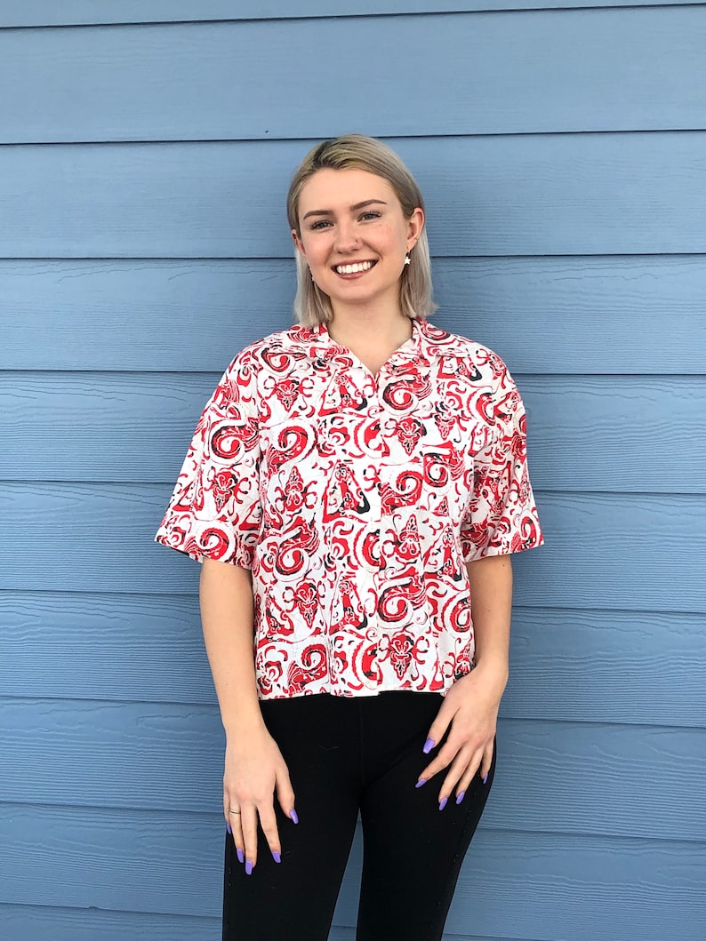 Vintage 1980/'s Judy Knapp Women/'s Red and White Cotton Cropped Hawaiian Blouse Top Size S Judy Knapp cropped blouse women/'s Hawaiian top