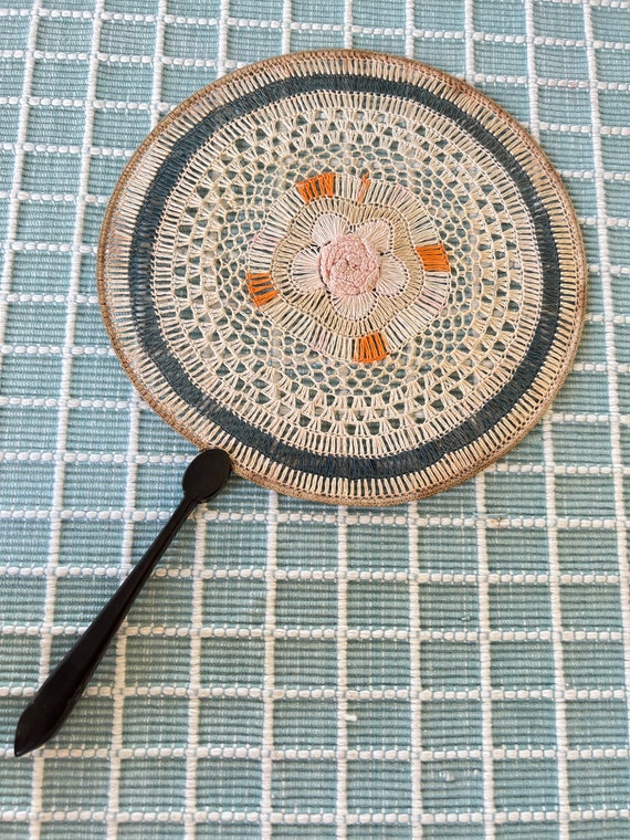 Antique Vintage Fixed Round Crochet Doily Hand Fan