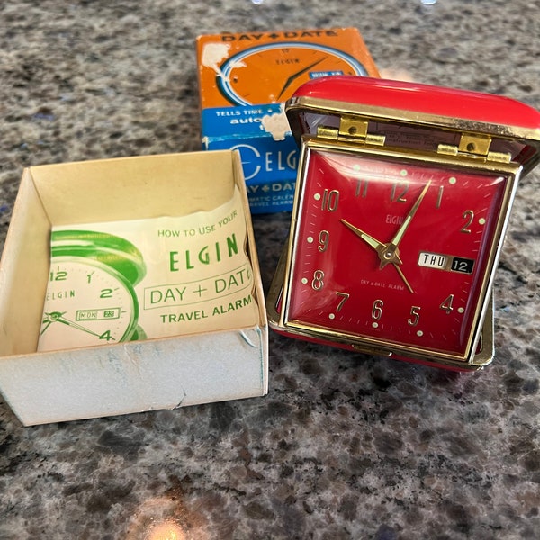 Vintage Elgin Red Folding Alarm Clock Day + Night No 8944 Made in Japan in Box but Missing a Piece on Back~ vintage red alarm clock, Elgin