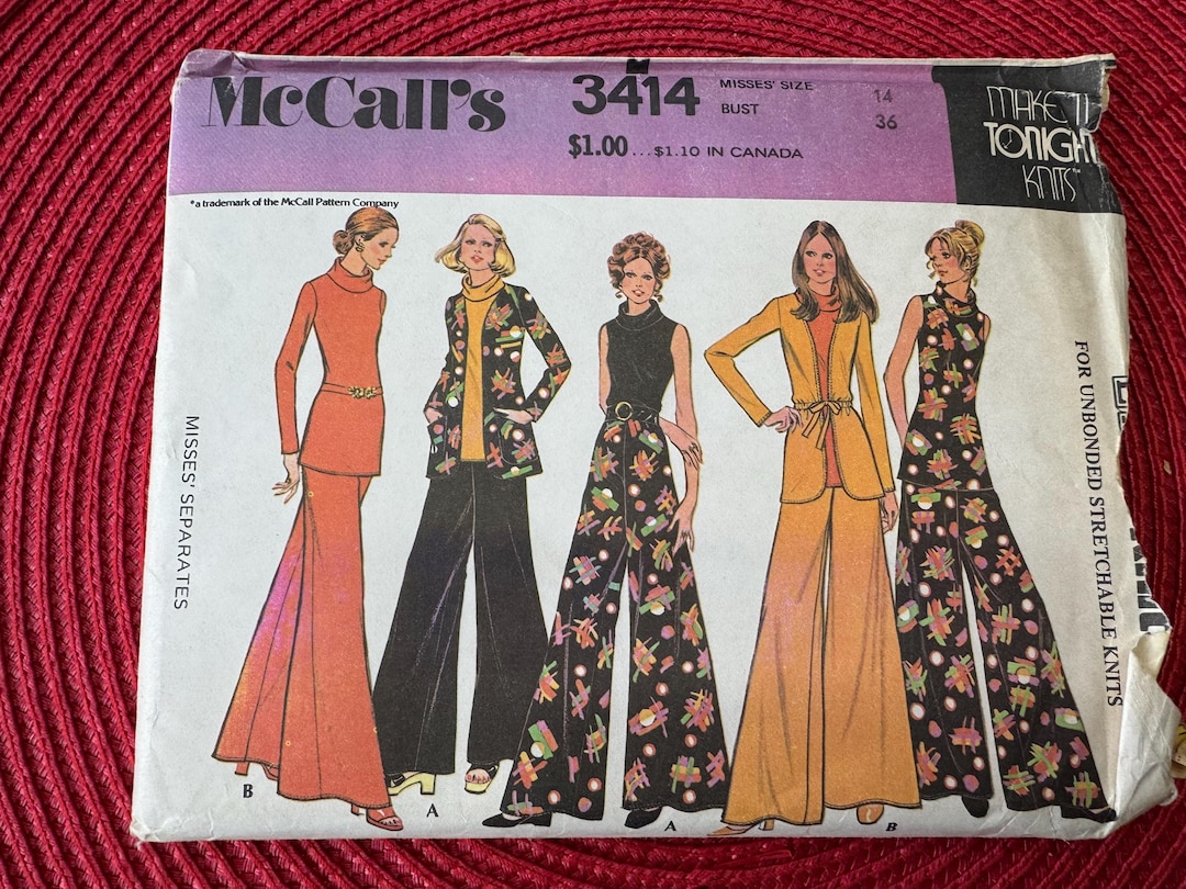 1972 Mccalls 3414 Sewing Pattern Misses Stretch Knit Only Wide Leg ...