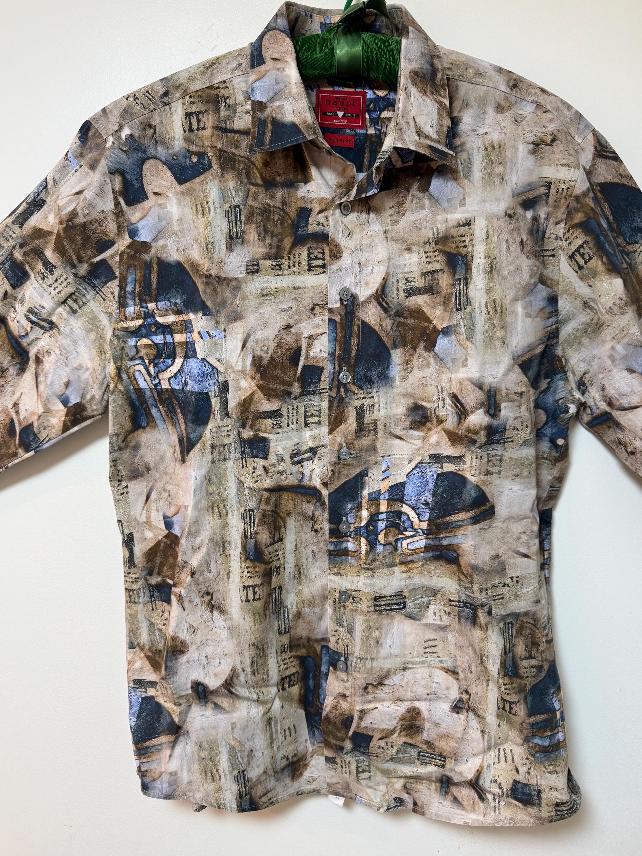 Men's Haupt Germany Brown Abstract Print Shirt Long Sleeve Modern Fit Size L Made in Romania~ mens Abstract shirt, bold Print Shirt