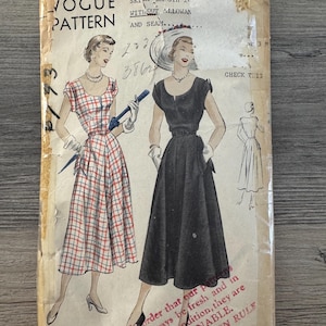 Patrón de costura Vogue 6793 de 1949, raro, para señoritas, fácil de hacer, escote redondo, manga corta, vestido de largo medio, talla 16, corte de los años 40, ajustado y acampanado.
