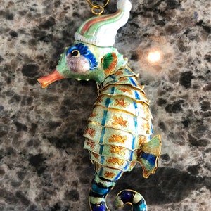 NWT Seahorse with Santa Hat Christmas Ornament Articulated Enameled Metal Sea Life Ornament Gold Edged 5"- seahorse metal enamel ornament,