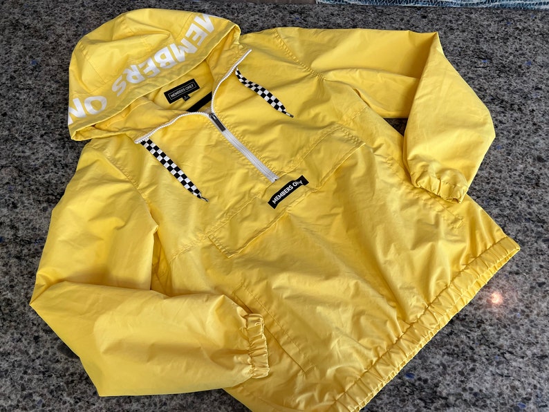 Members Only Bright Yellow Hoodie Windbreaker half Zip Front with Checkered Drawstring Size S sailing windbreaker, Members only windbreaker image 1