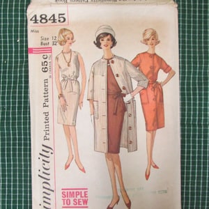 1960s Simplicity Sewing Pattern 4845 Misses Simple to Sew One Piece Slim Dress and Unlined Coat, Size 12, Cut - vintage 60&#39;s dress with coat